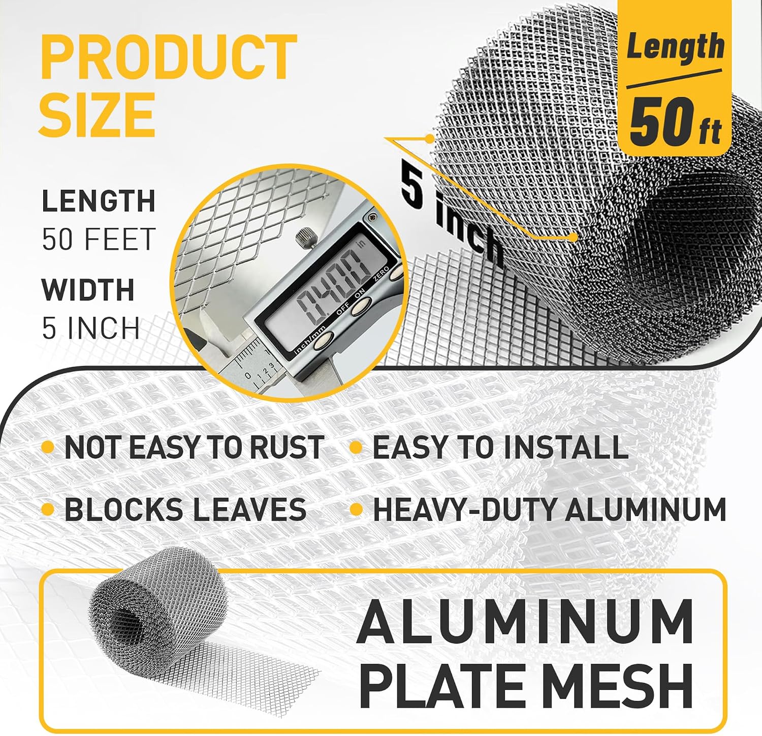 Aluminum Gutter Guard 5 Inch x 50 Feet Roll, Aluminum Leaf Filter Gutter Protection, Leaf Guard Protects from