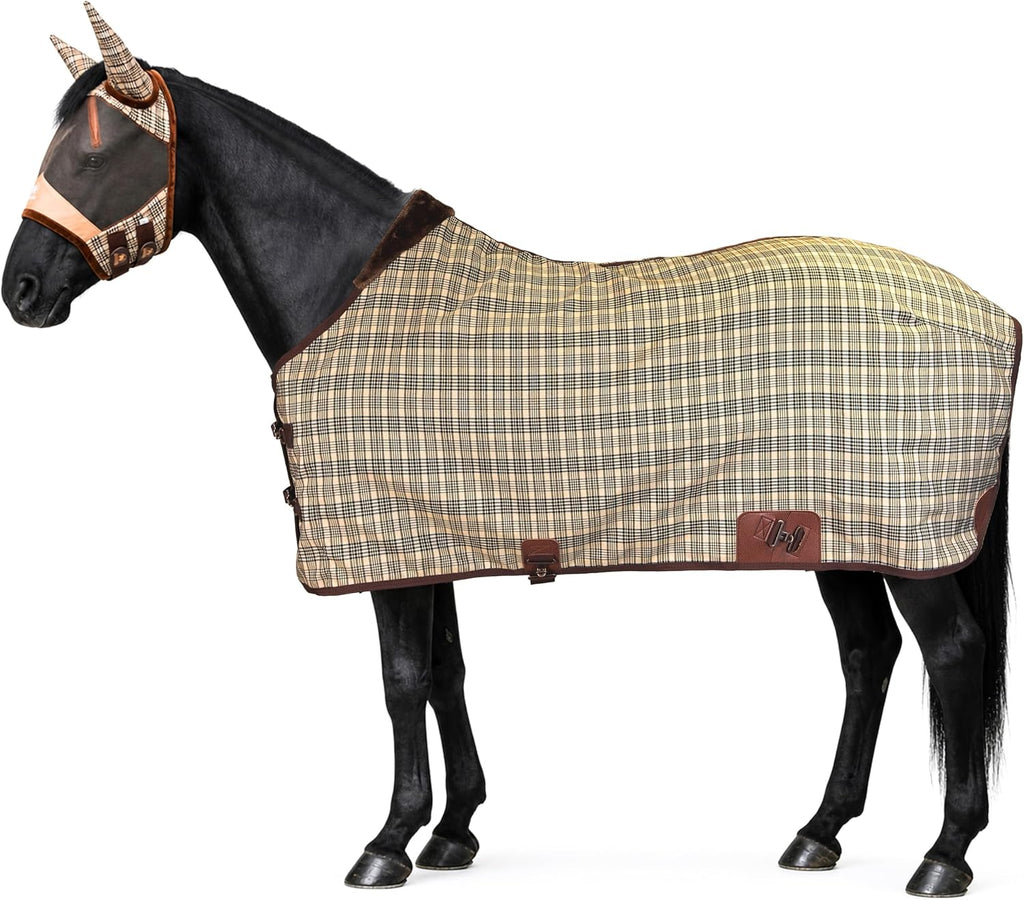 Cotton-Poly Plaid Horse Stable Blanket with Horse Mask