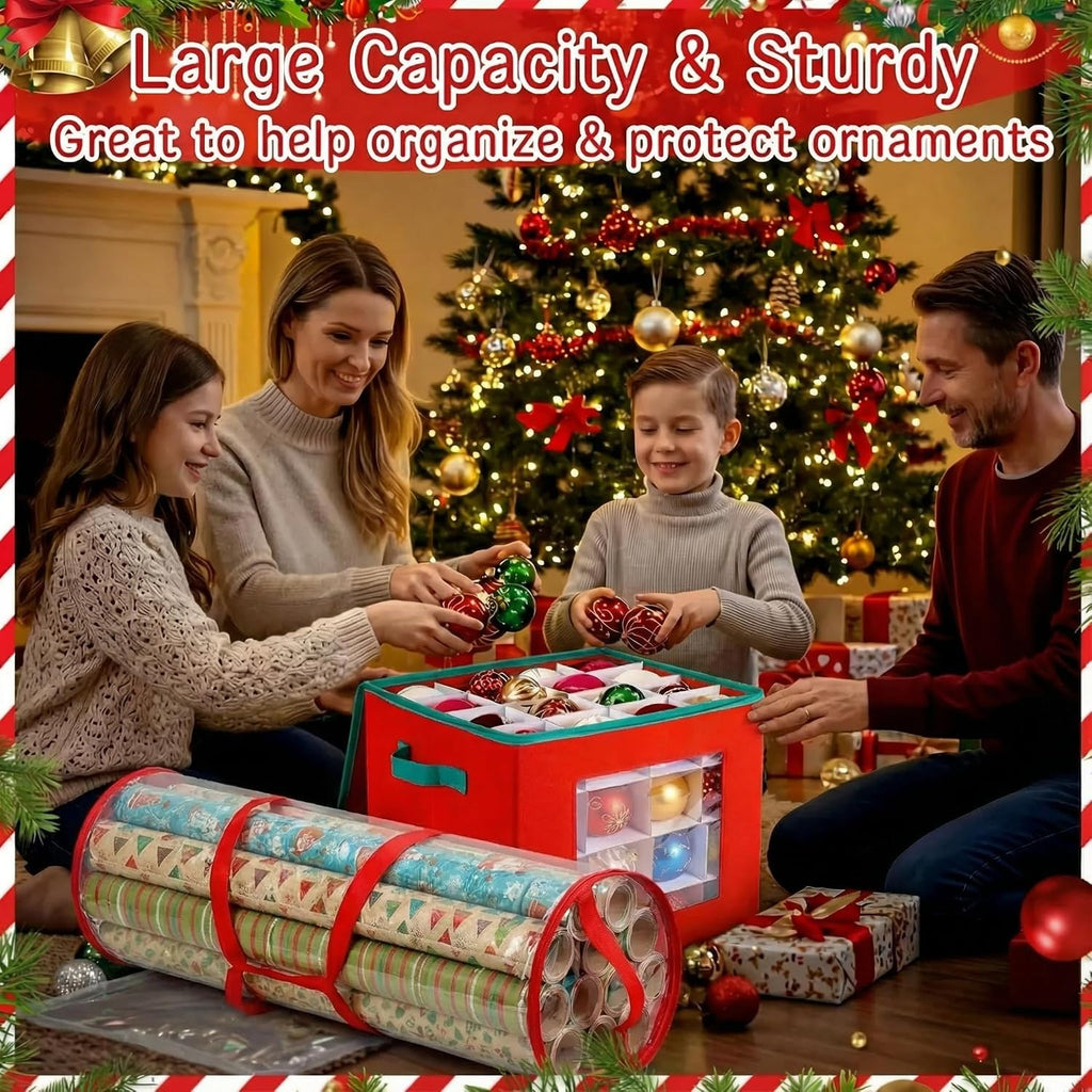 2 Pcs Christmas Ornament Storage Box with Dividers, Dual Zippers up to 3 Inch 64 Ornaments, 31 Inch Gift Wrapping