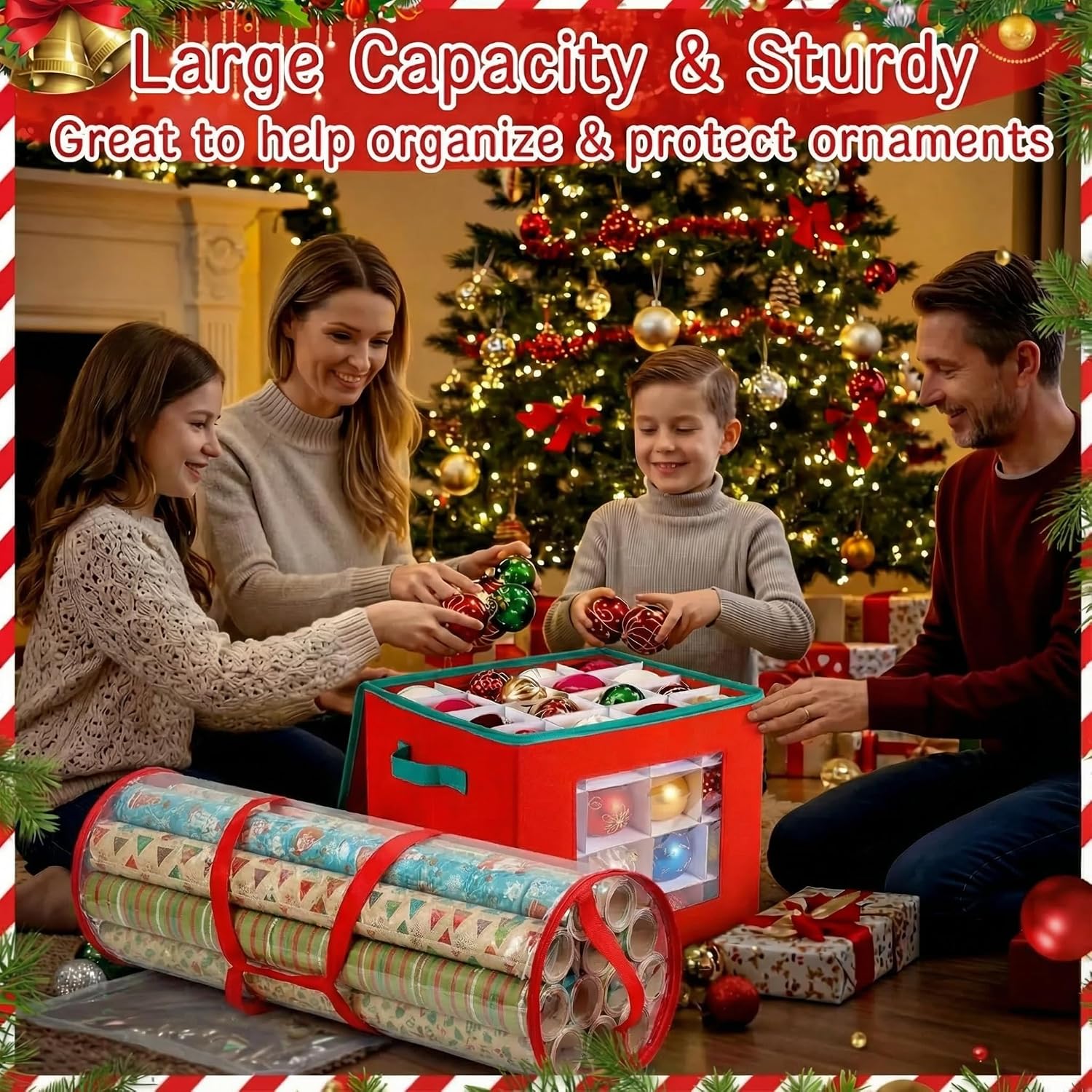 2 Pcs Christmas Ornament Storage Box with Dividers, Dual Zippers up to 3 Inch 64 Ornaments, 31 Inch Gift Wrapping