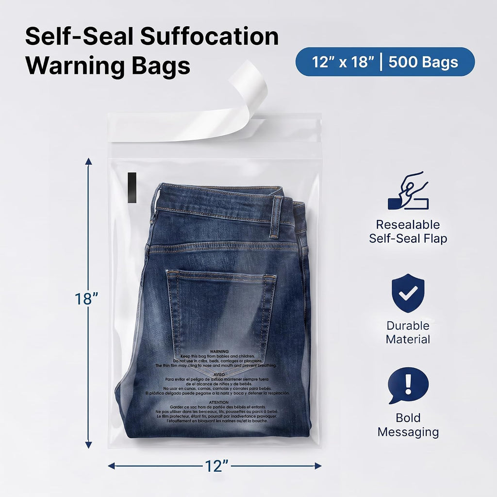 12” X 18” (500 Count) Self Seal Clear Poly Bags with Suffocation Warning