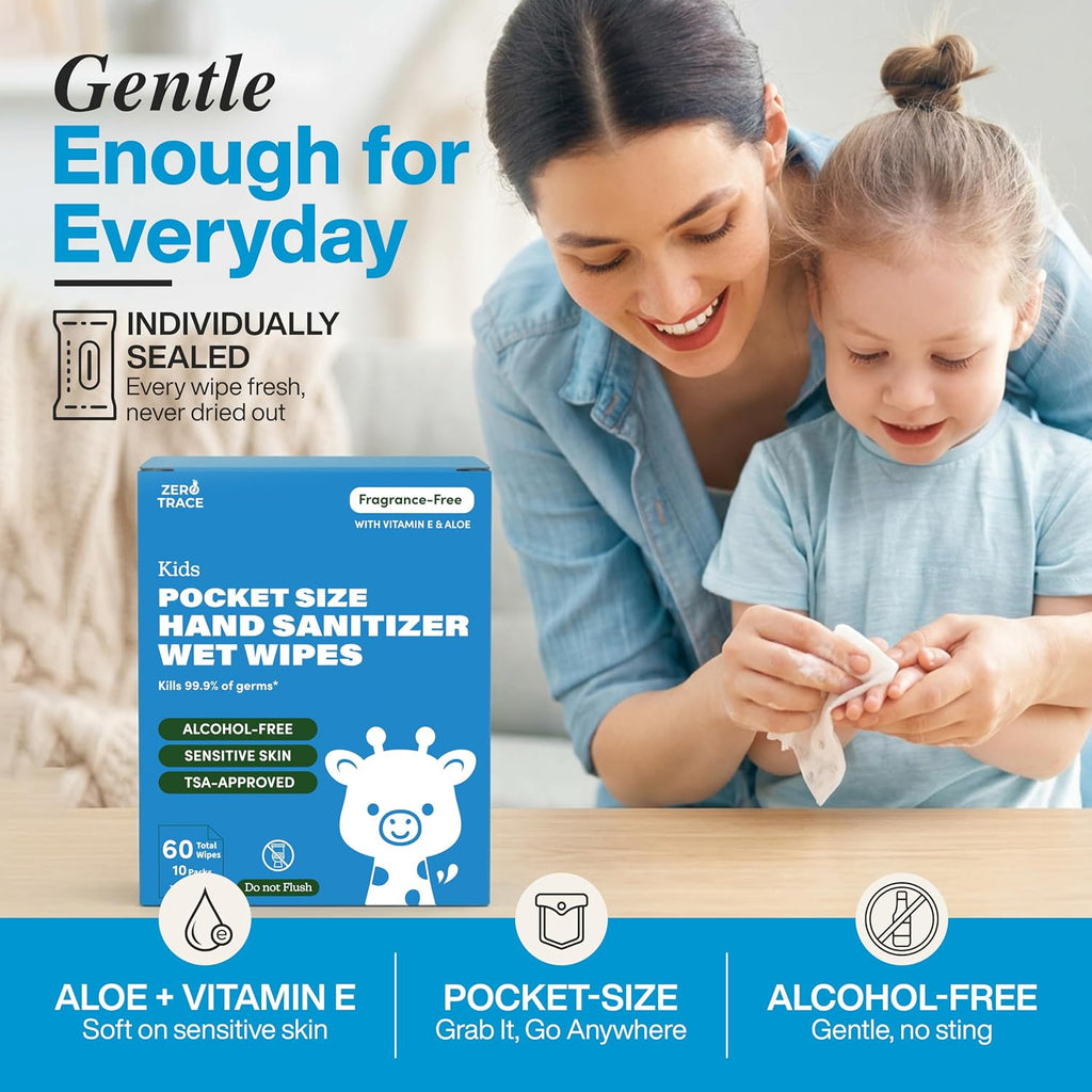 Pocket Hand Sanitizer Wipes – Alcohol-Free & Fragrance-Free – Kills 99.9% of Germs – Safe for Kids & Sensitive Skin –