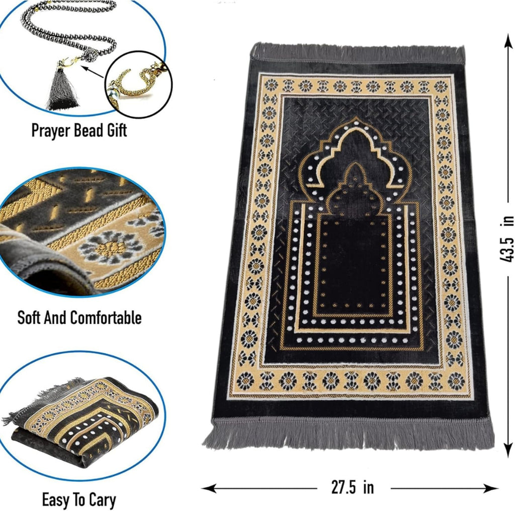 Turkish Muslim Prayer Rug, Mat with Beads for Men Women, Ramadan Hajj Gift (Gray)