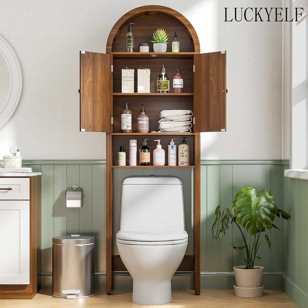 Arched Over The Toilet Storage Cabinet with Fluted Doors, 4 Tier Small Bathroom Shelf Organizer, Mid Century Modern