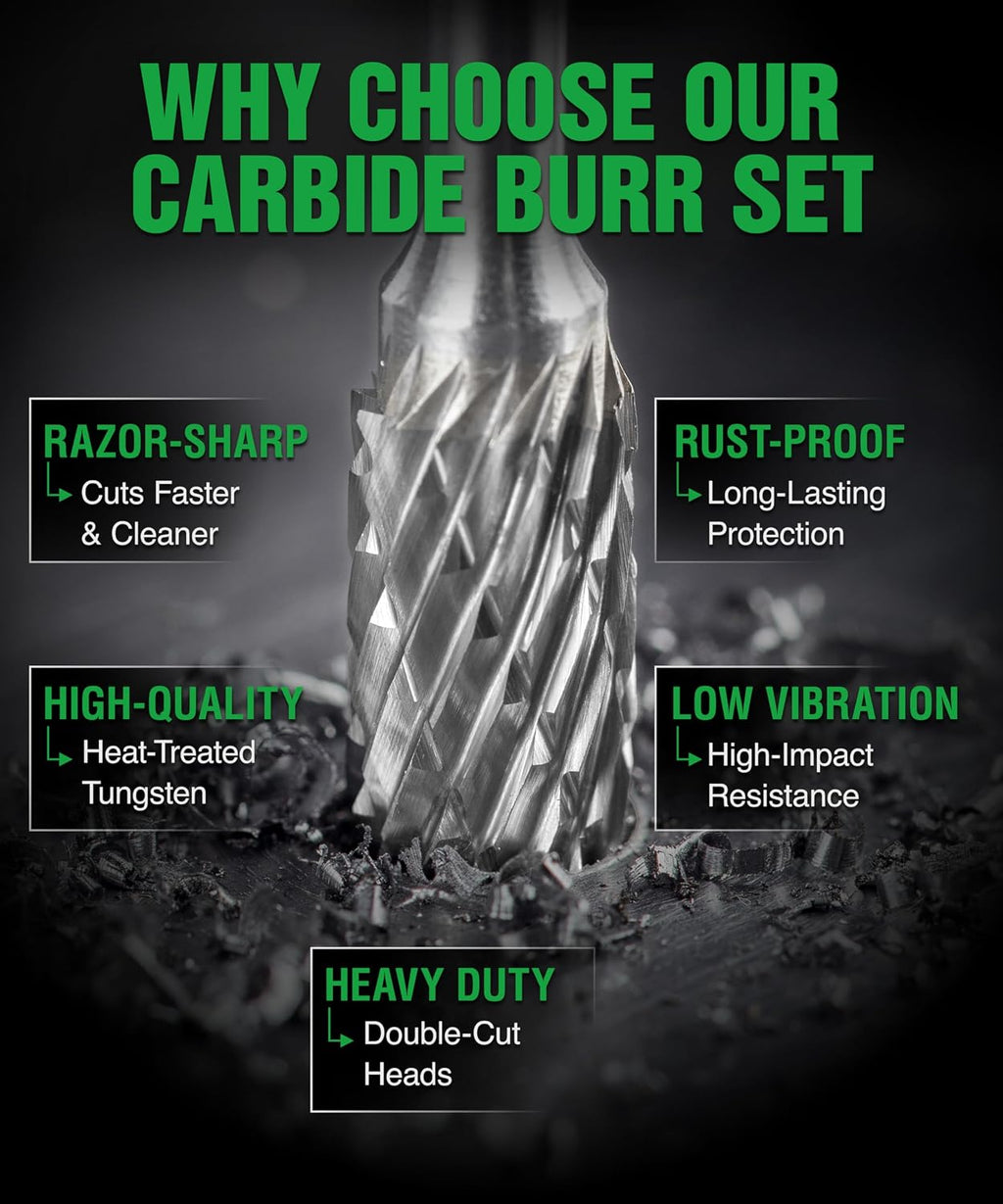 Carbide Burr Bits 10-Pc Double Cut 1/4" (6.35mm) Die Grinder Set