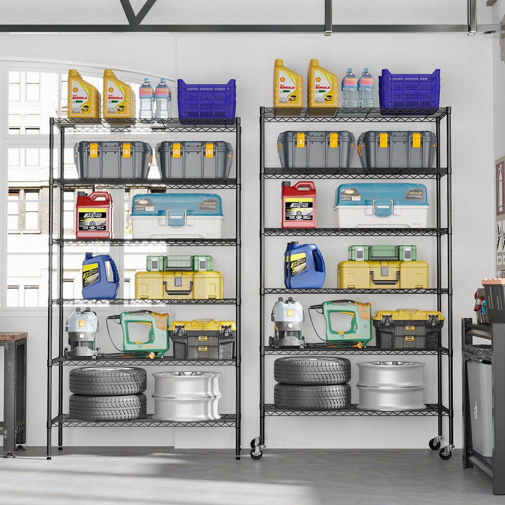 6-Tier Wire Storage Shelves with Wheels | 45"x18"x82" | Black | Adjustable Racks | Heavy-Duty Metal Shelf, Holds Upto