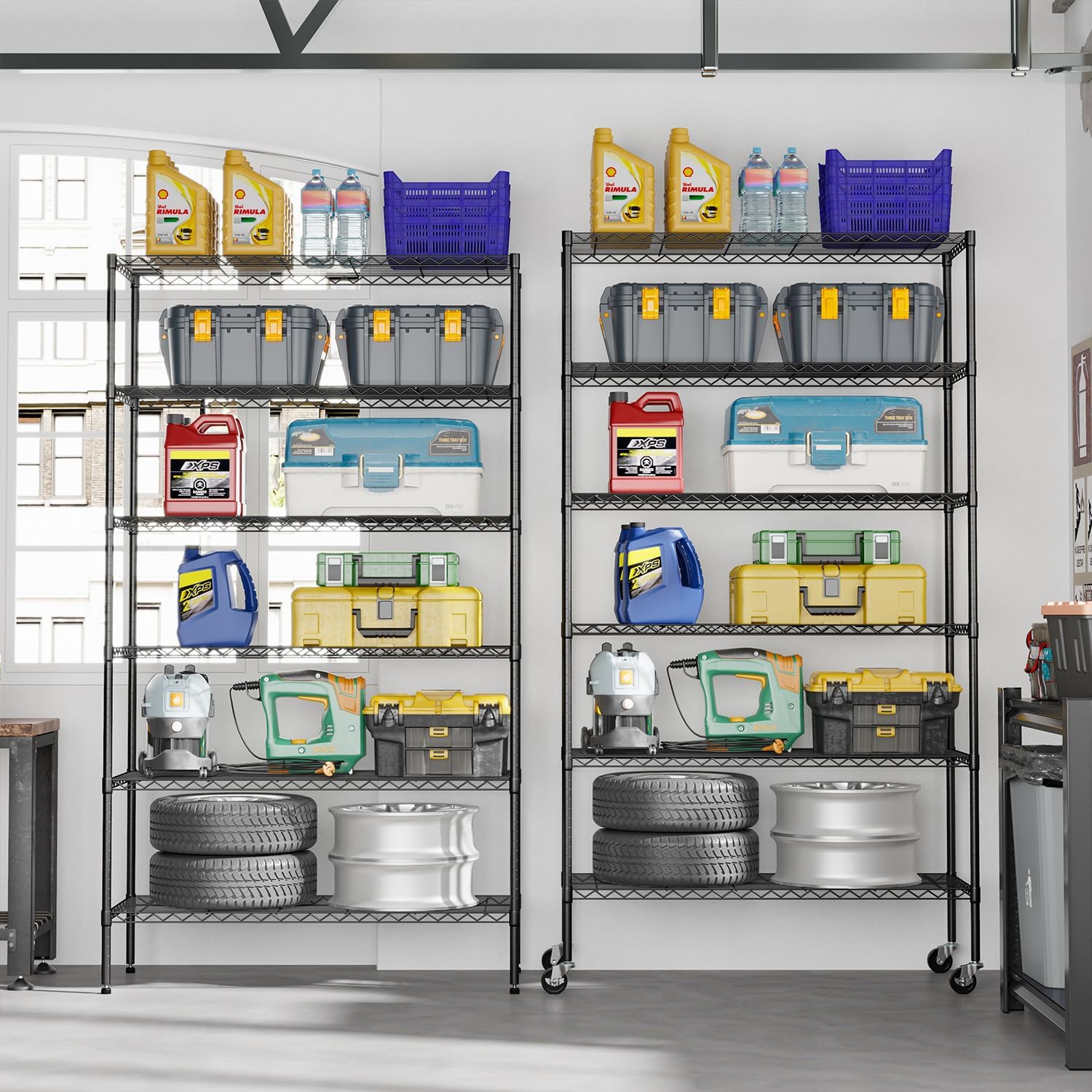 6-Tier Wire Storage Shelves with Wheels | 45"x18"x82" | Black | Adjustable Racks | Heavy-Duty Metal Shelf, Holds Upto