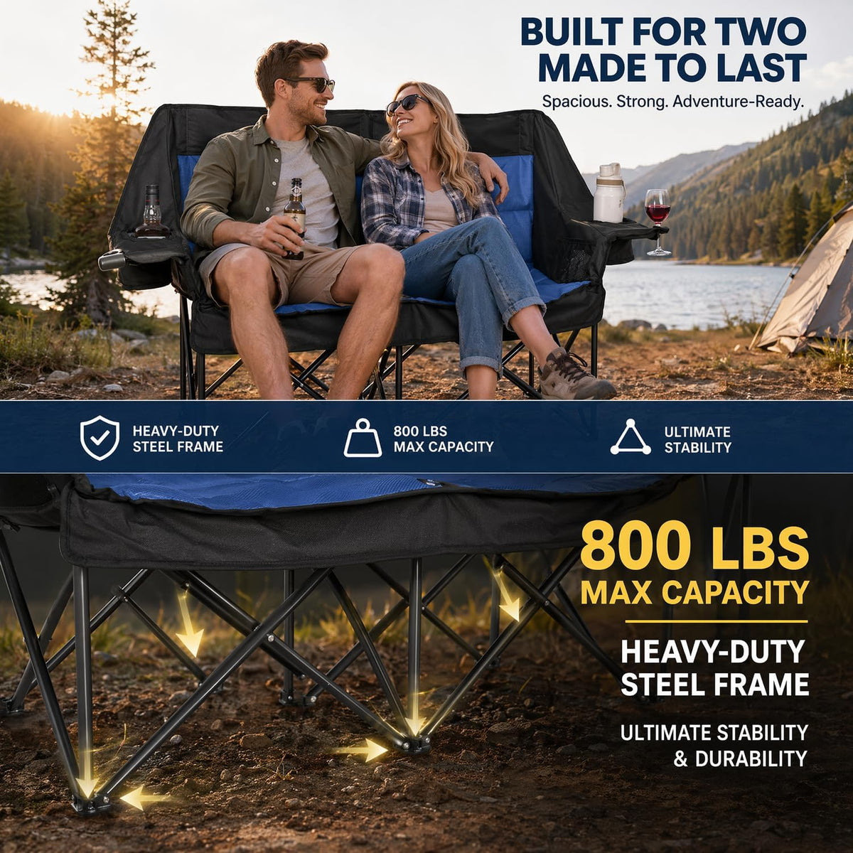 Double Camping Chairs for Adults Folding Loveseat, Heavy Duty Oversized 2 Person Camping Couch Outdoor Portable