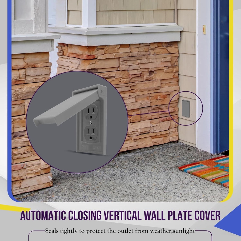 Vertical Outdoor Outlet Cover, Weatherproof Wall Plate, 1 Pack | Gray, self-closing, tight-seal hinged cover
