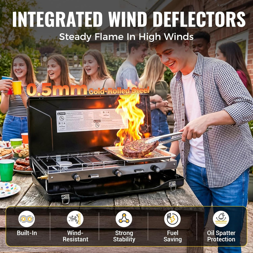 Camping Stove, Propane Portable Camp Stove, 20400BTU-3 Burners | With Toaster & Regulator, Push-Button Instant