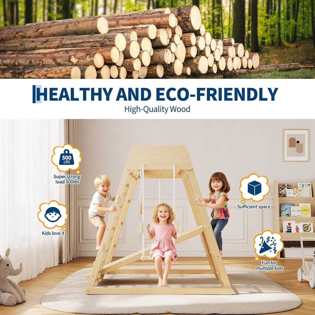 8-in-1 Indoor Playground Jungle Gym Kids Climbing Toys, Wooden Climber Playset with Slide, Swing, Monkey Bars & Climb