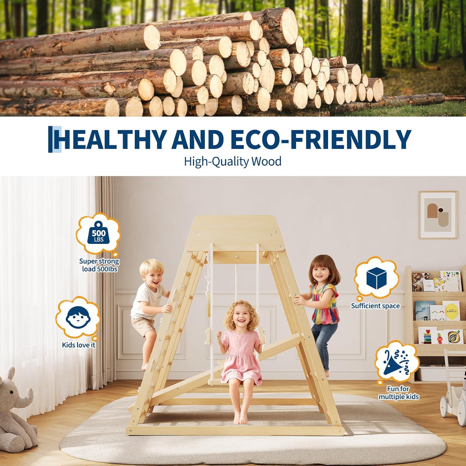 8-in-1 Indoor Playground Jungle Gym Kids Climbing Toys, Wooden Climber Playset with Slide, Swing, Monkey Bars & Climb
