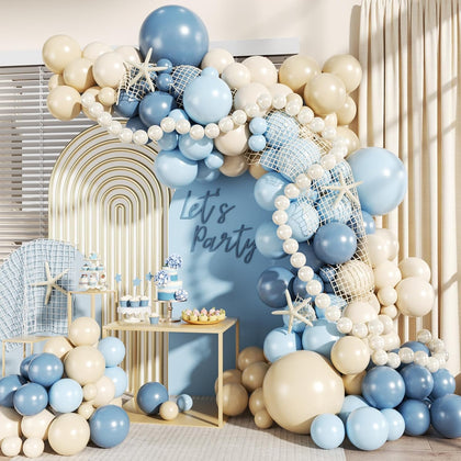 Blue Beach Balloon Arch Kit, 140Pcs Blue and White Balloon Arch Kit Including Dusty Light Blue Pearl White Sand White