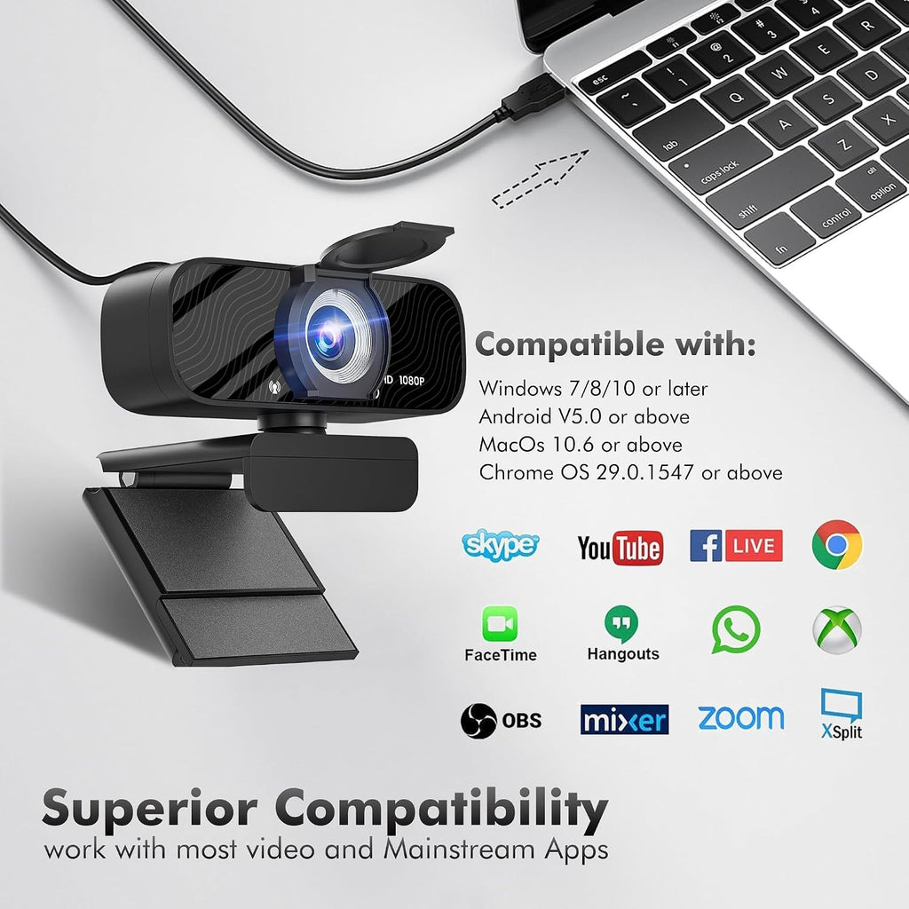 USB HD Webcam with Built-in Microphone and Rotatable Tripod, 1080P Video, Wide Angle Camera, Privacy Cover, for