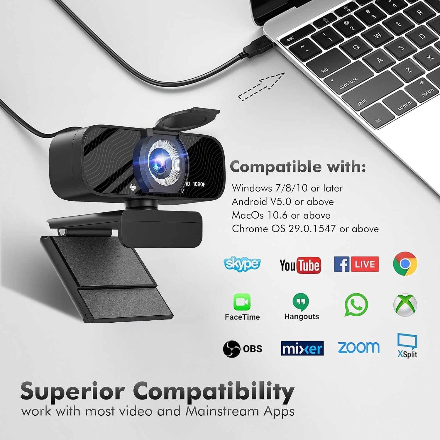 USB HD Webcam with Built-in Microphone and Rotatable Tripod, 1080P Video, Wide Angle Camera, Privacy Cover, for