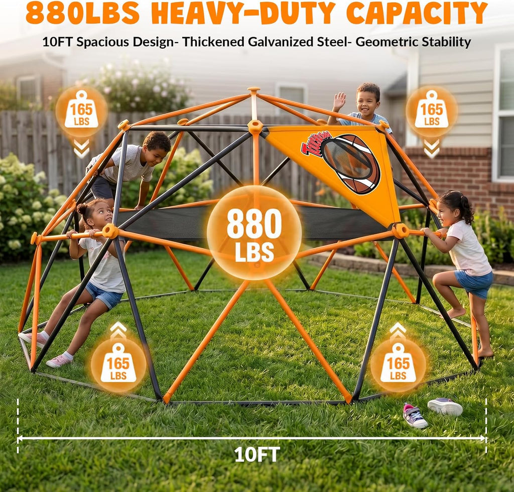 10FT Climbing Dome with Hammock & Ball Toss Game, 880LBS Geometric Dome Climber with Cat Paw Safety Holds, Anti-Rust