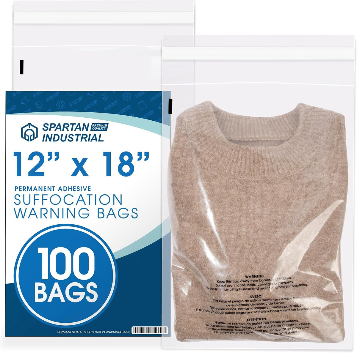 12” X 18” (100 Count) Self Seal Clear Poly Bags with Suffocation Warning