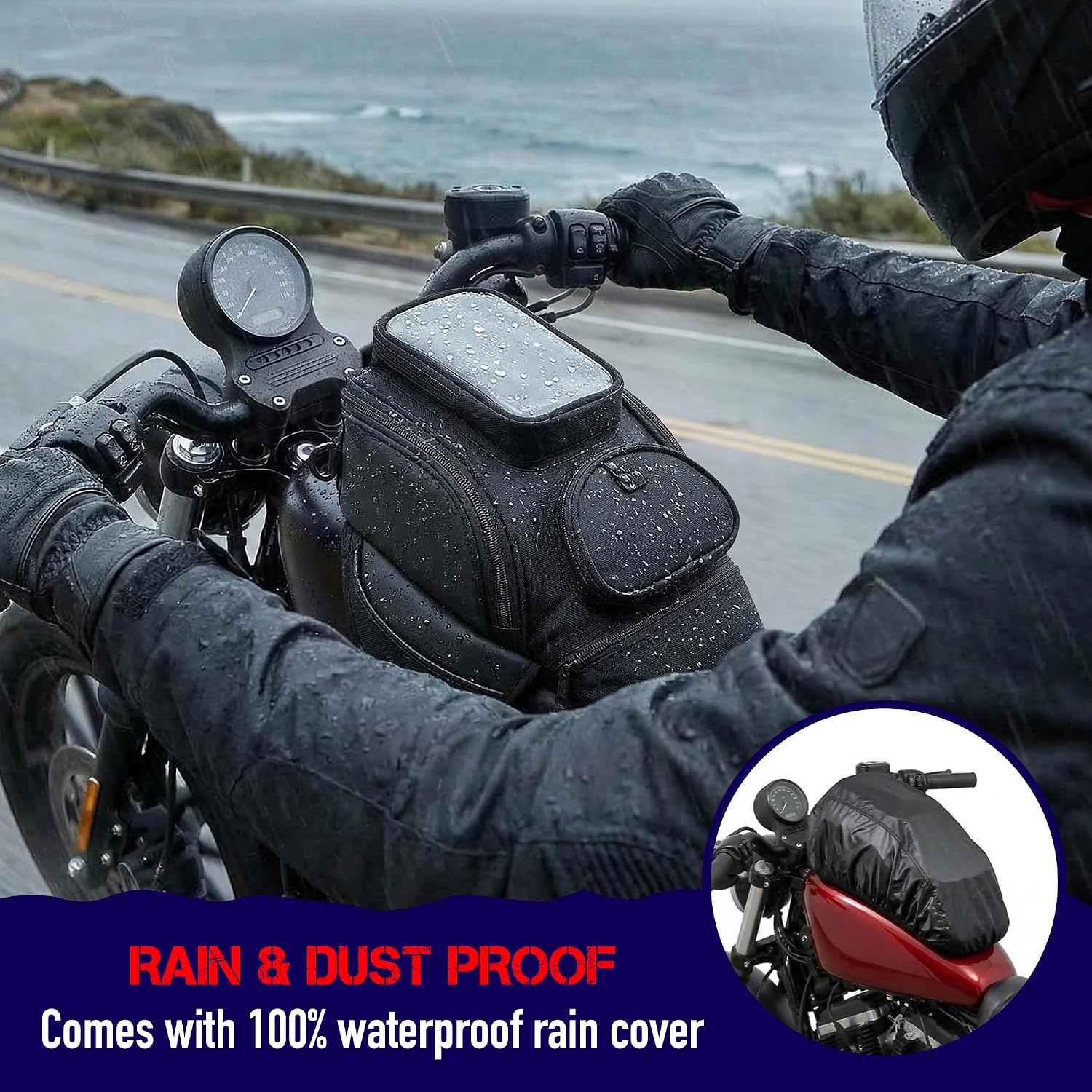 Nomad Motorcycle Tank Bag – 4L Heavy Duty Black Gas Tank Bag with Touchscreen Phone Window, Magnetic Universal Fuel
