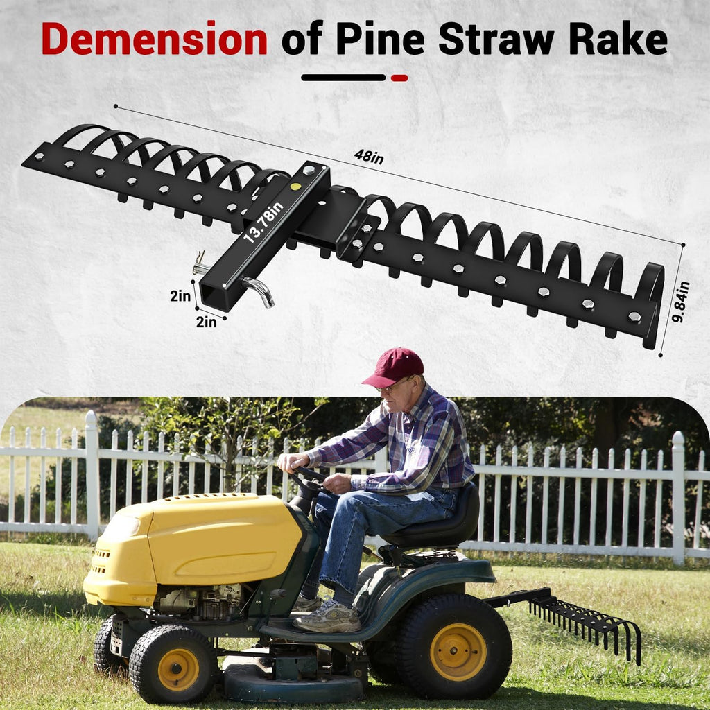 48 Inch Tow Behind Landscape Rake, Black Durable Tractor Rake with 2 Inch Receiver Fit for Lawn Tractor ATV UTV, All