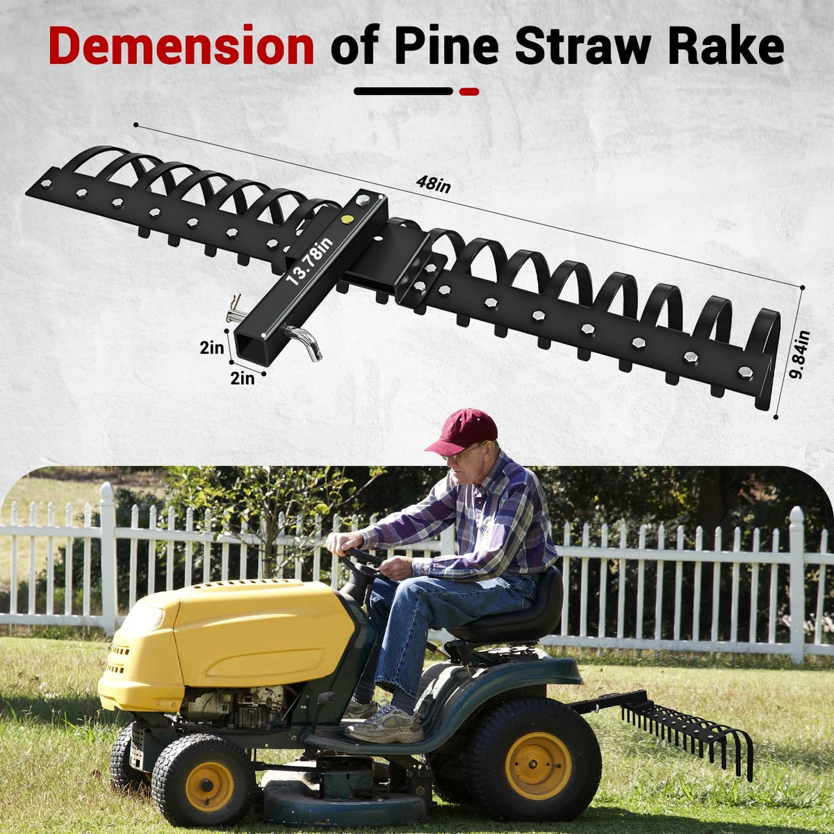 48 Inch Tow Behind Landscape Rake, Black Durable Tractor Rake with 2 Inch Receiver Fit for Lawn Tractor ATV UTV, All