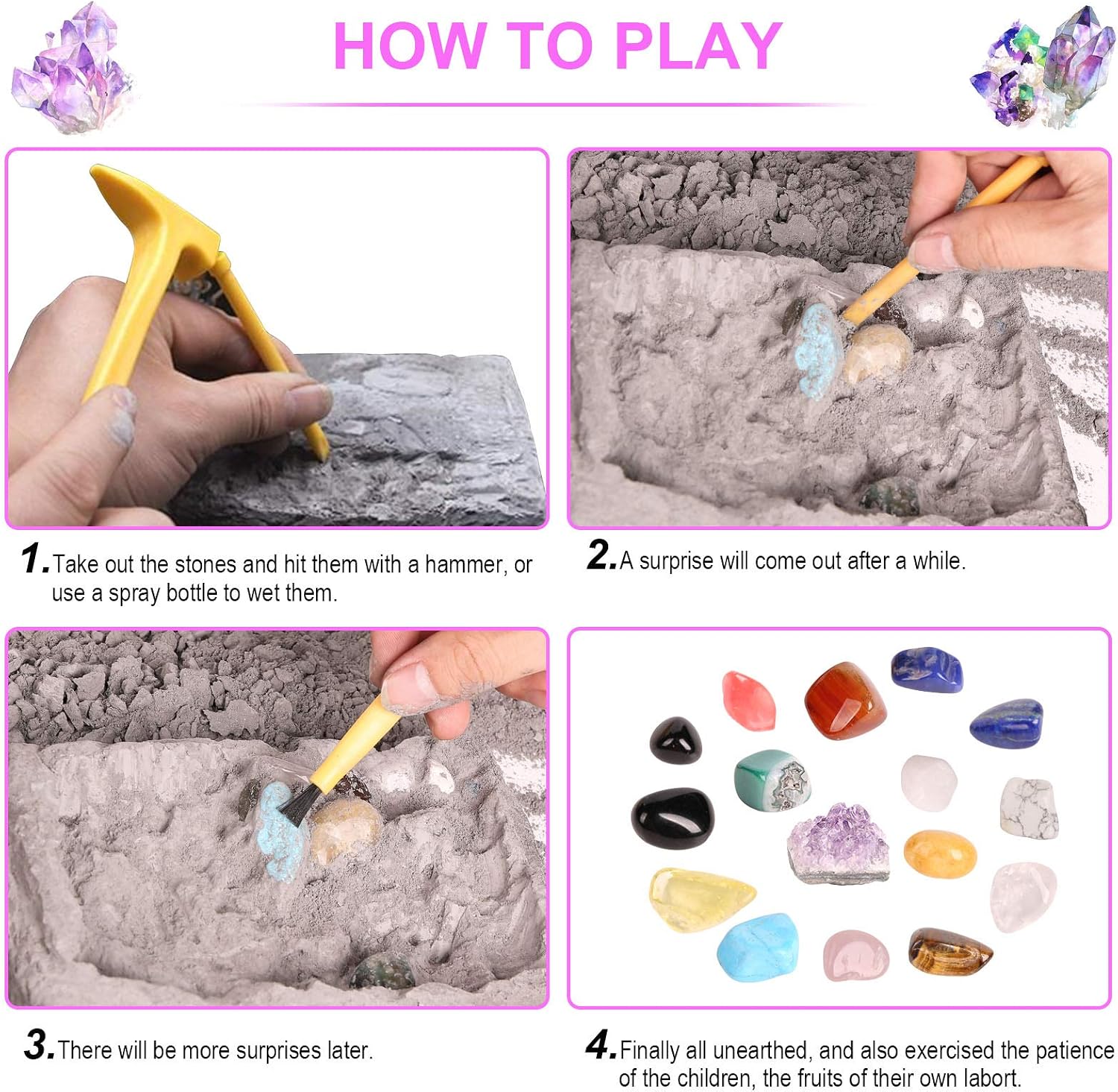Gemstone Dig Kit, 16 Real Gem Stones and Crystals Excavation Kit, STEM Educational Toys Science Kit for Kids 5-7