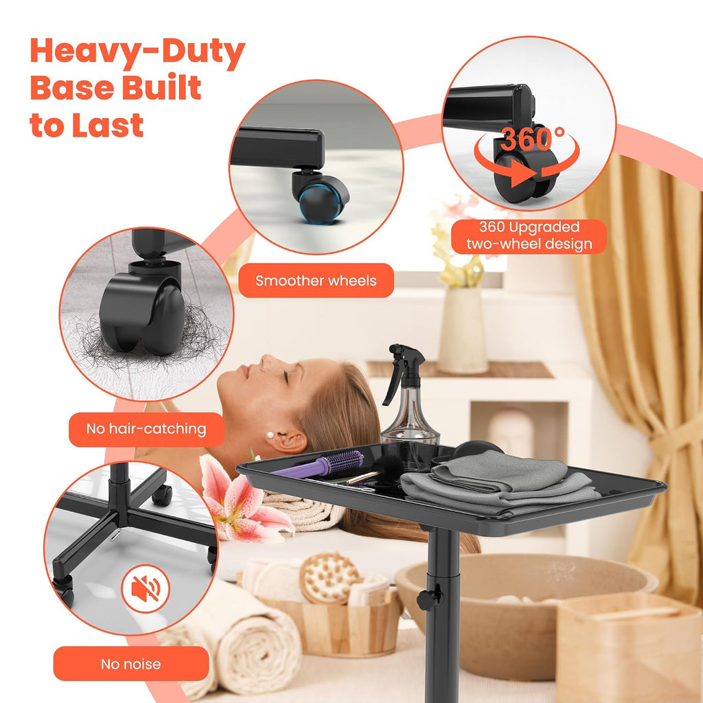 Rolling Salon Tray, Mobile Styling Station with Wheels Aluminum Rolling Tray Trolley for Salon Essentials, Adjustable