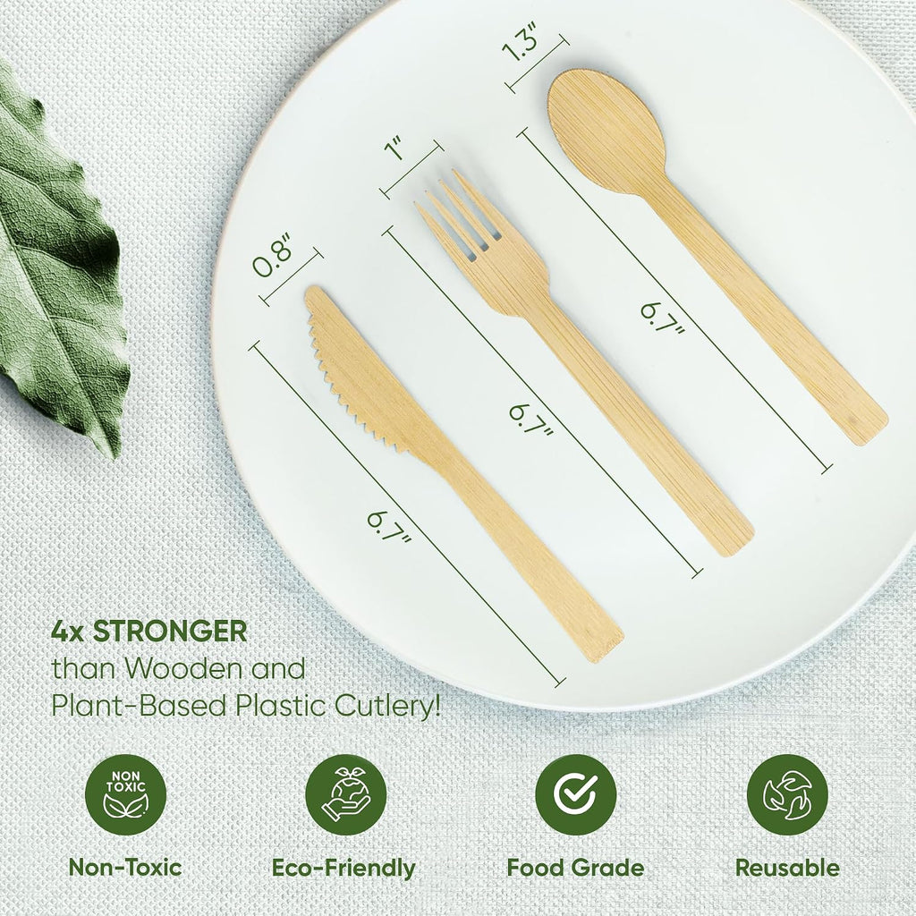 100% Bamboo Cutlery Set, Disposable Compostable Utensils, 250 PCS