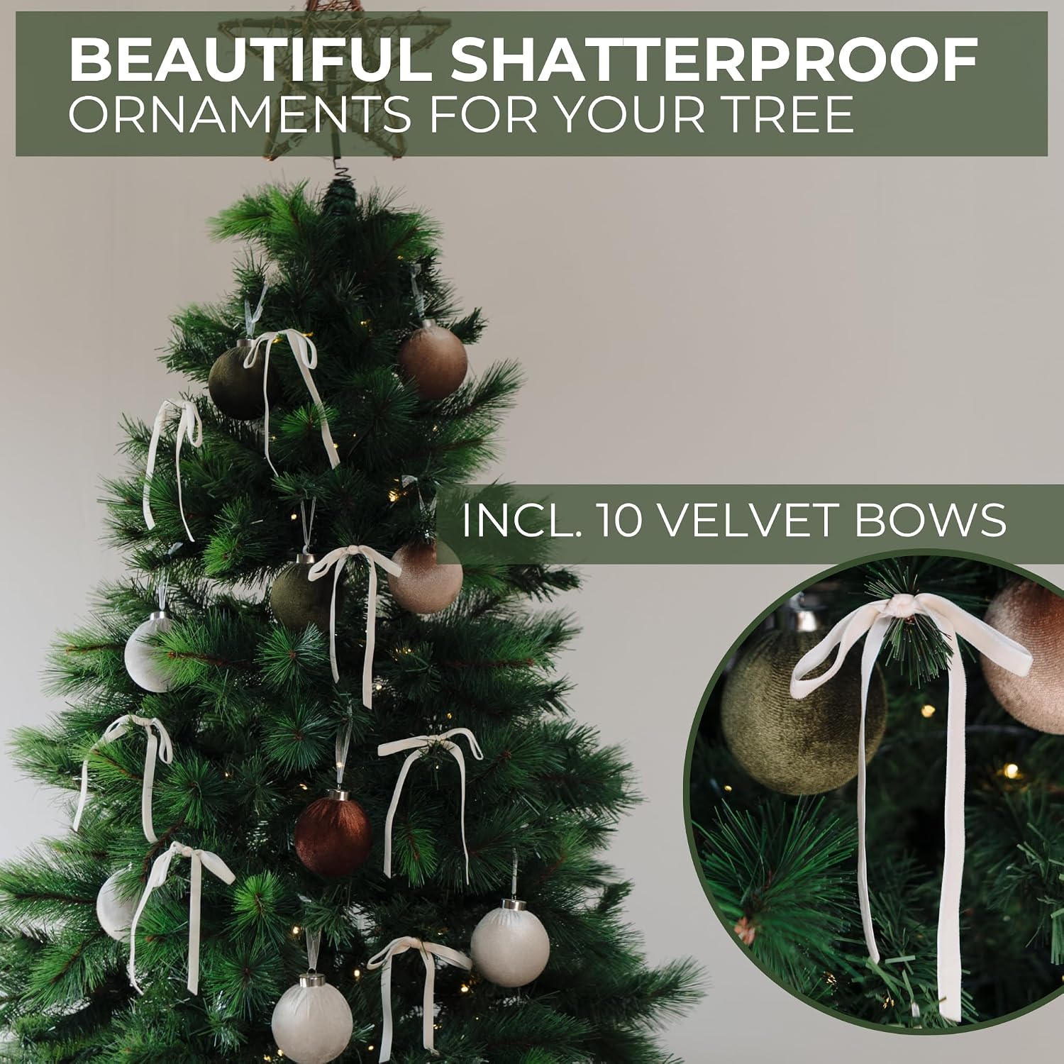 Elegant Velvet Christmas Ornaments Set with 15 Shatterproof Balls & 10 Matching Velvet Bows - Complete Festive Tree