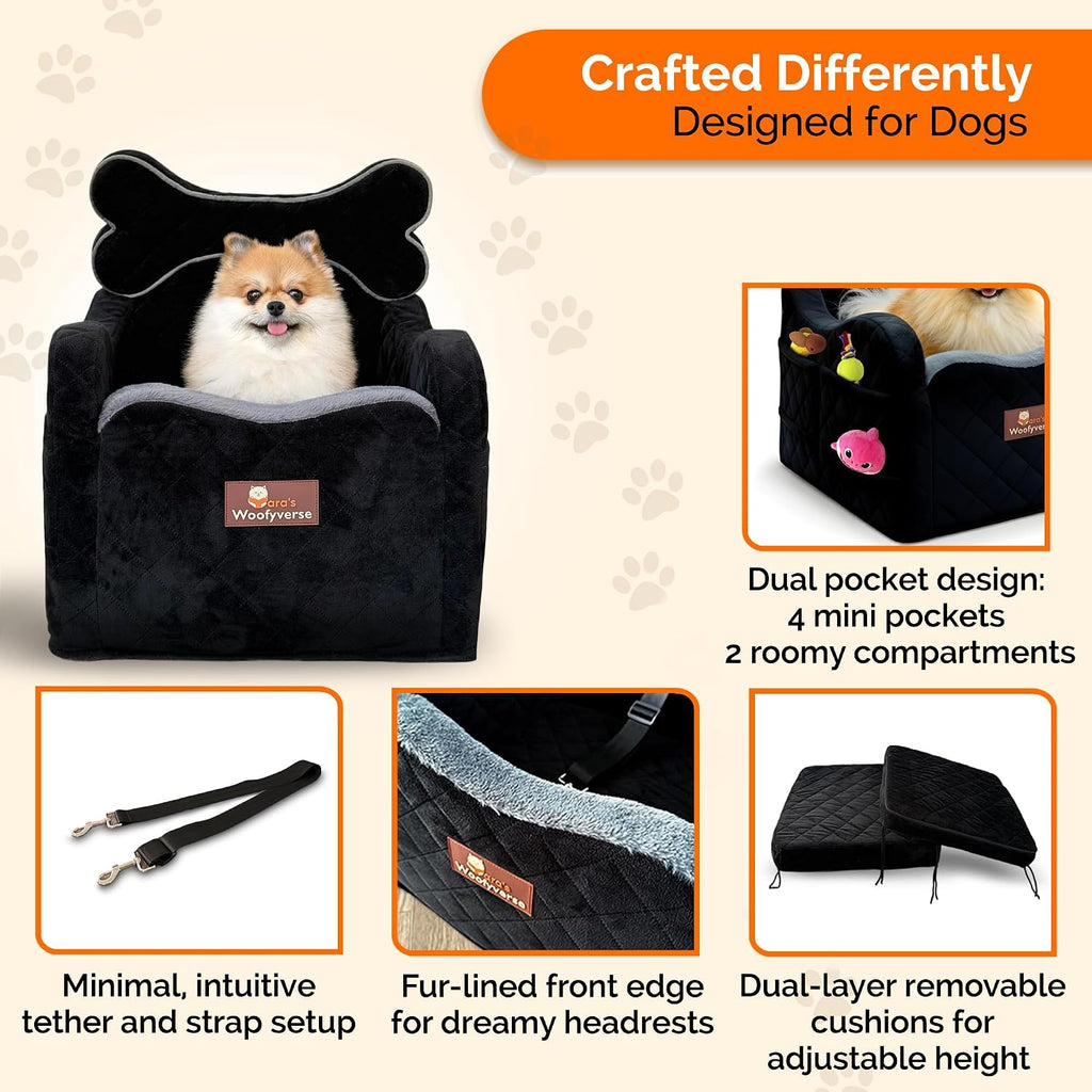 Yara’s Woofyverse Dog Car Booster Seat, Small & Medium Dogs, Midnight Ash