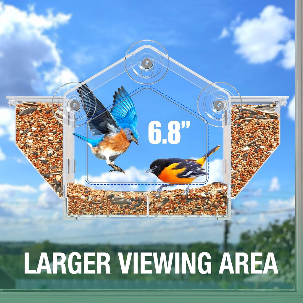 Window Bird Feeder with Dual Side Storage, Strong Suction Cups and Adhesive