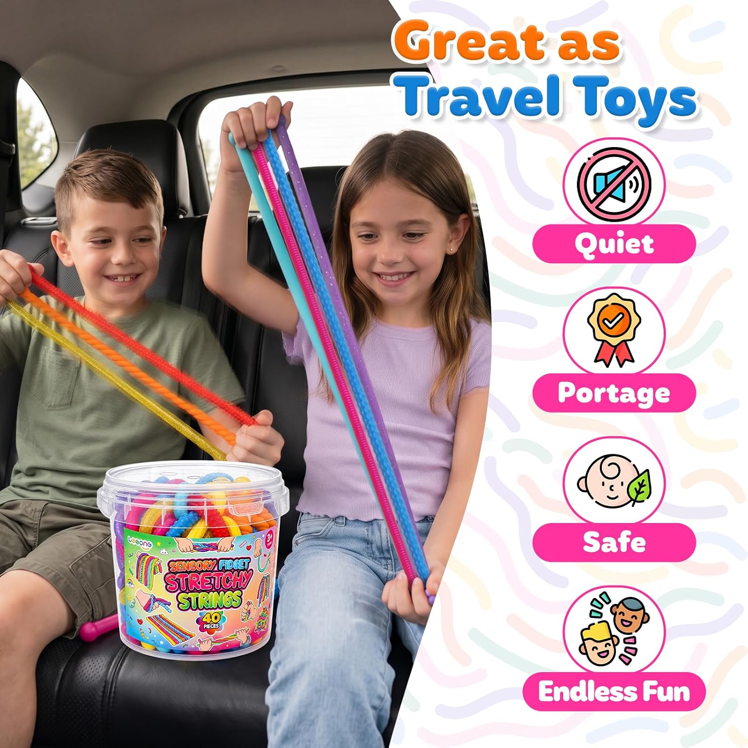 Fidget Sensory Toys for Kids, 40 Pack Textured Sensory Stretchy Noodles, Calm Down Stress Toys for Autism ADHD, Quiet