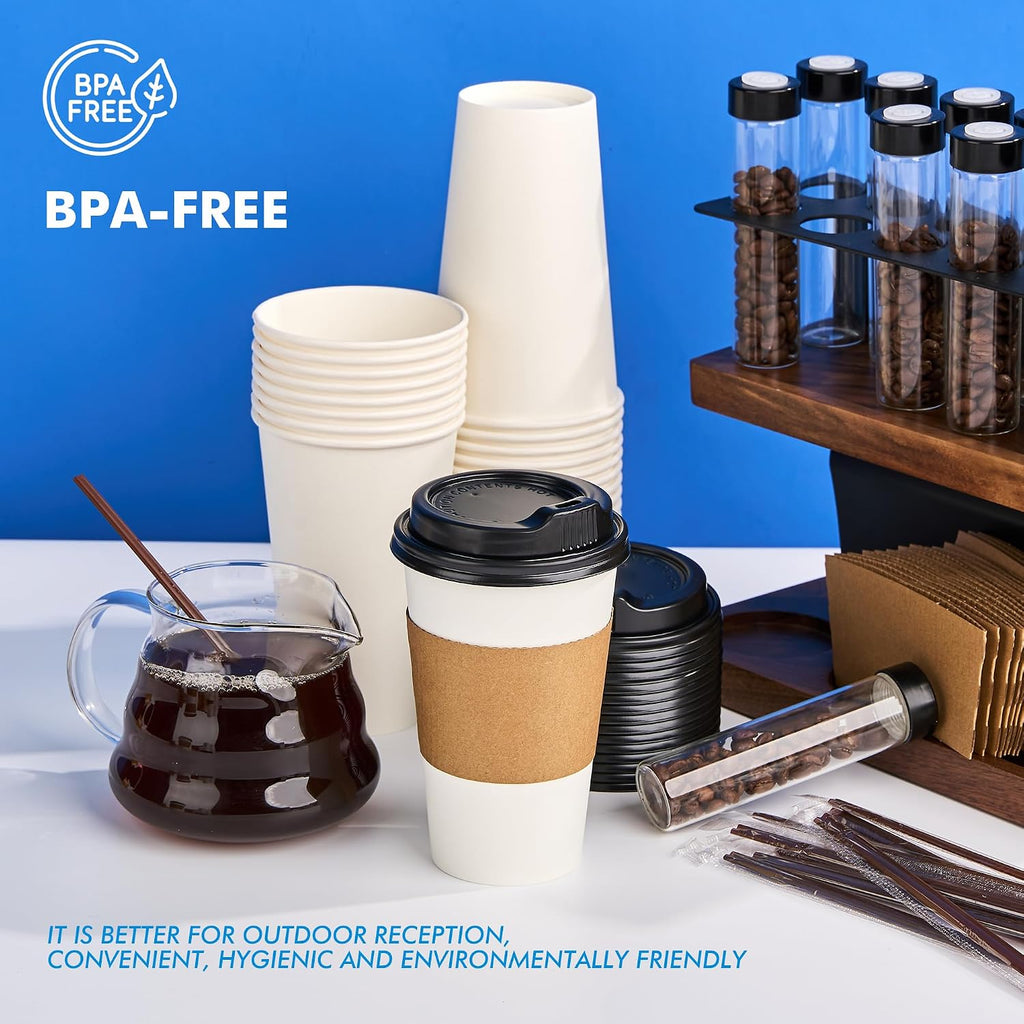 16 oz Paper Coffee Cups with Lids, Sleeves and Stirrers, 100 Pack