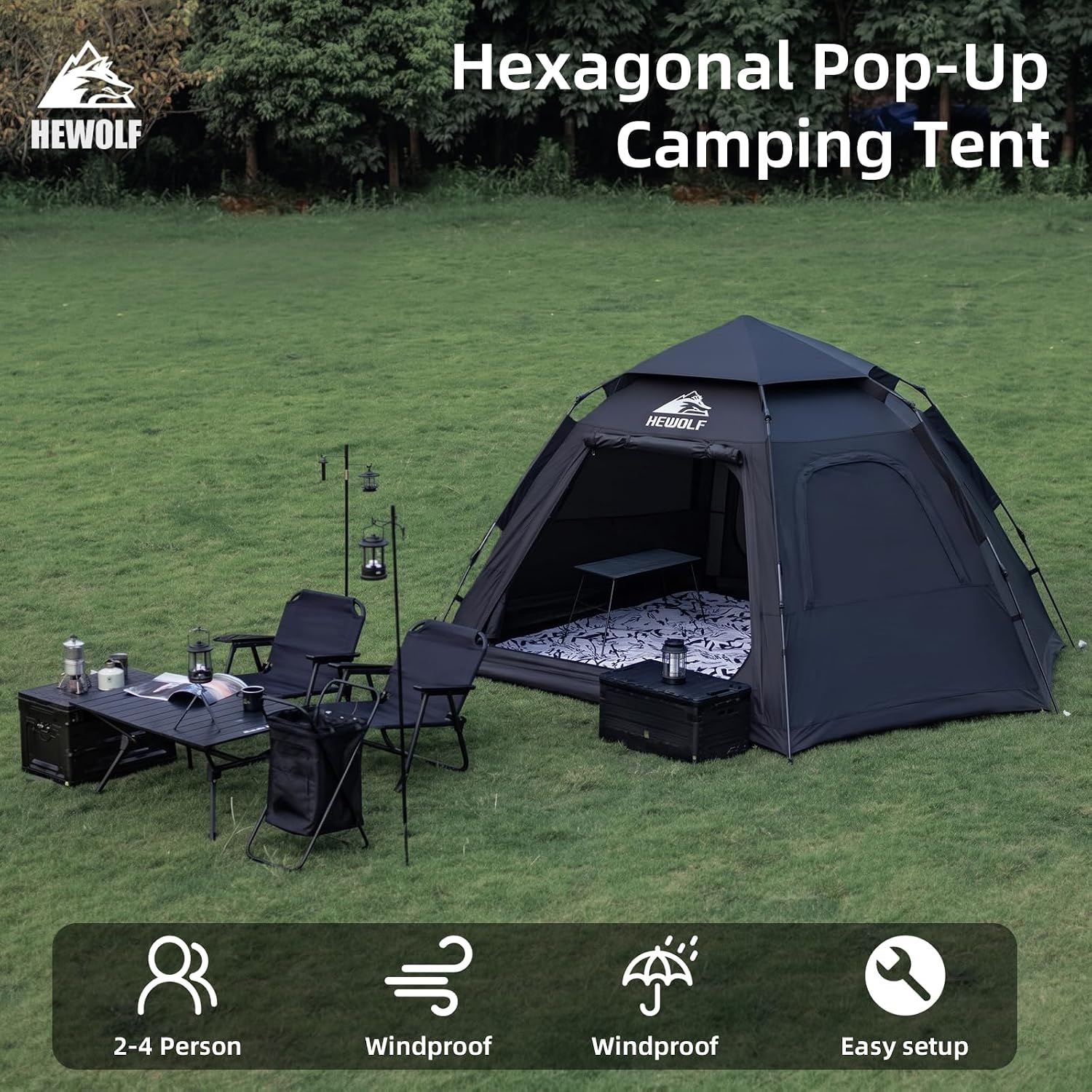 2/3/4 Person Camping Tent - Instant Pop Up Waterproof 2 Doors Tent with Easy Setup | 3-Season Hexagonal Dome Design