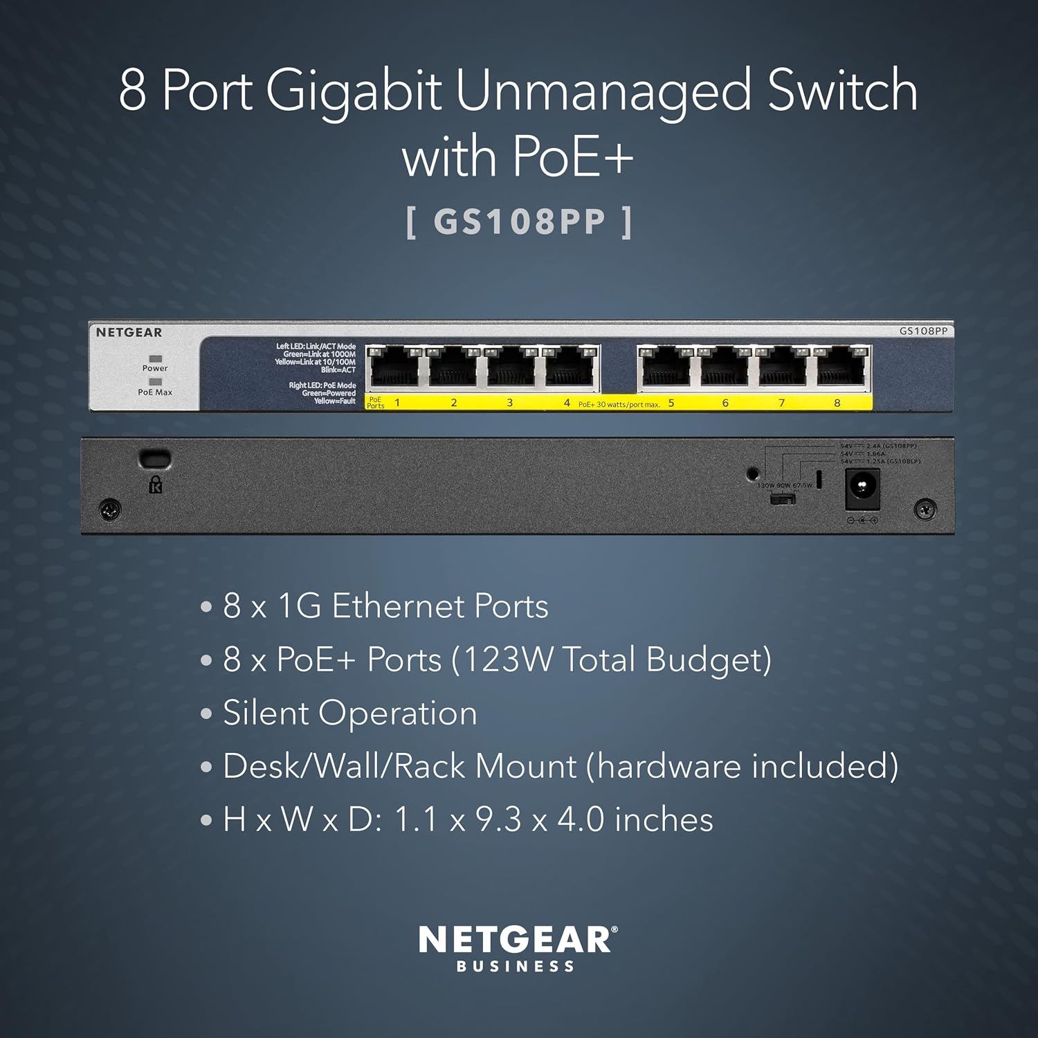 8-Port PoE Gigabit Ethernet Unmanaged Network Switch (GS108PP) | With 8 x PoE+ Ports @ 123W Upgradeable, Desktop