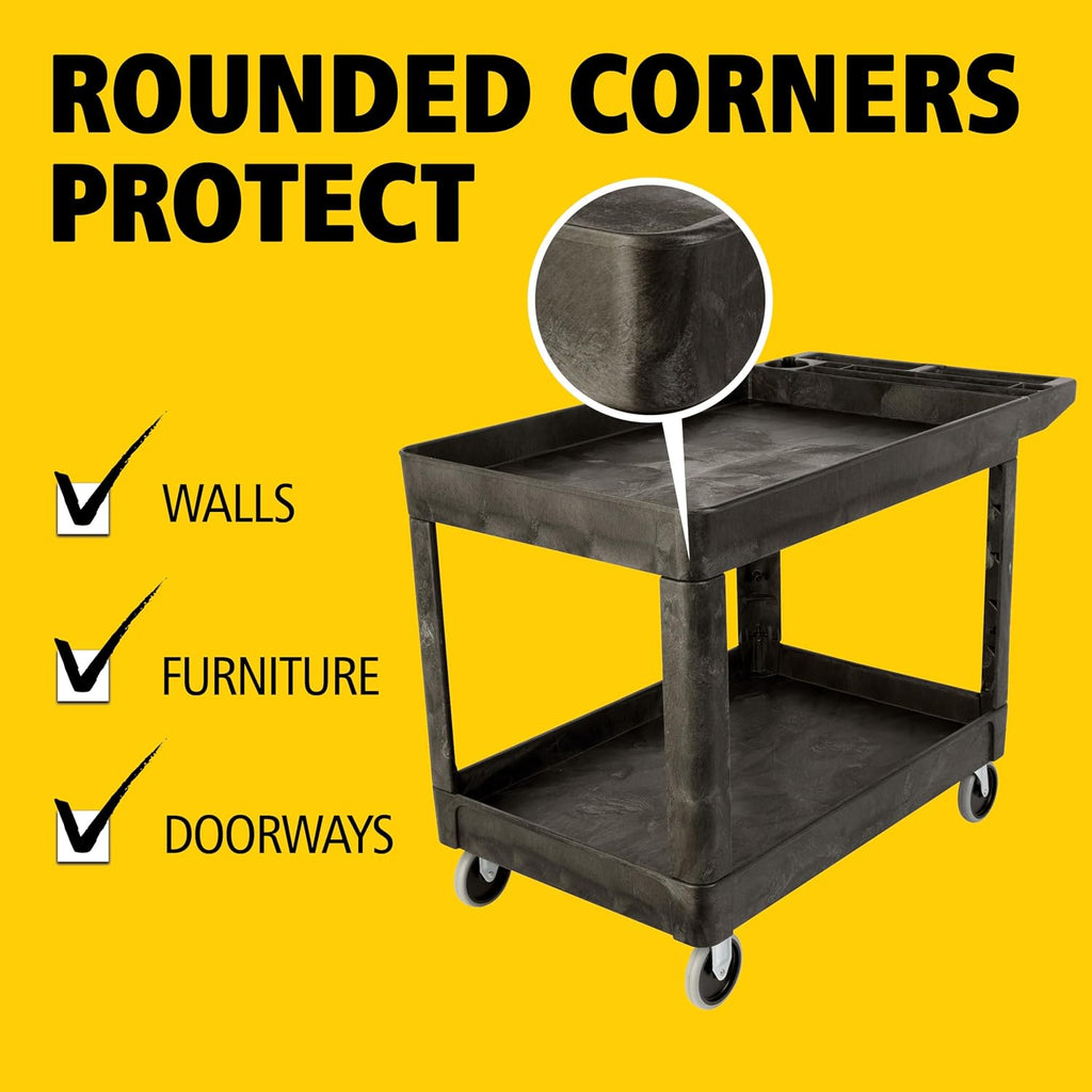 2-Shelf Utility/Service Cart, Medium, Black, Lipped Shelves, Ergonomic Handle, 500 lbs. Capacity, for