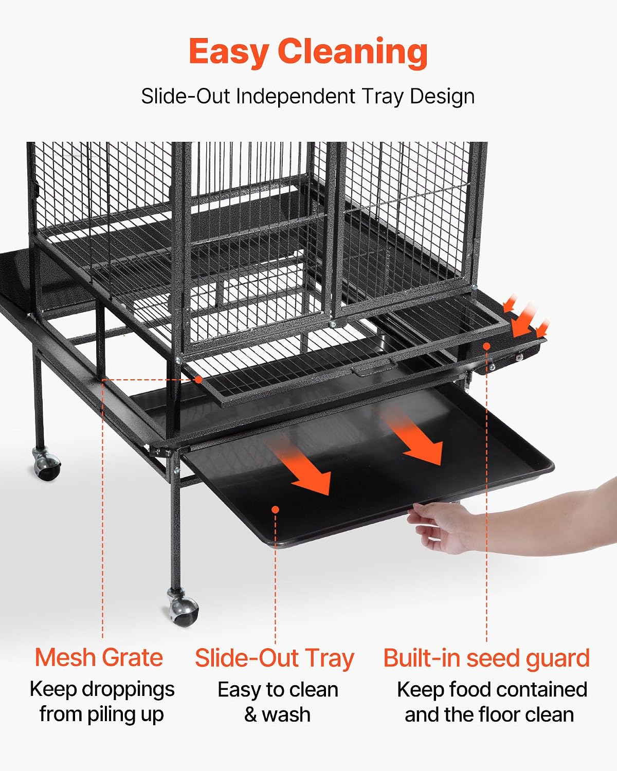 Bird Cage, 32.7 x 31.1 x 82.7 inch, Open Flat Top, Wrought Iron Bird Flight Cage with Perches, Slide-Out Tray