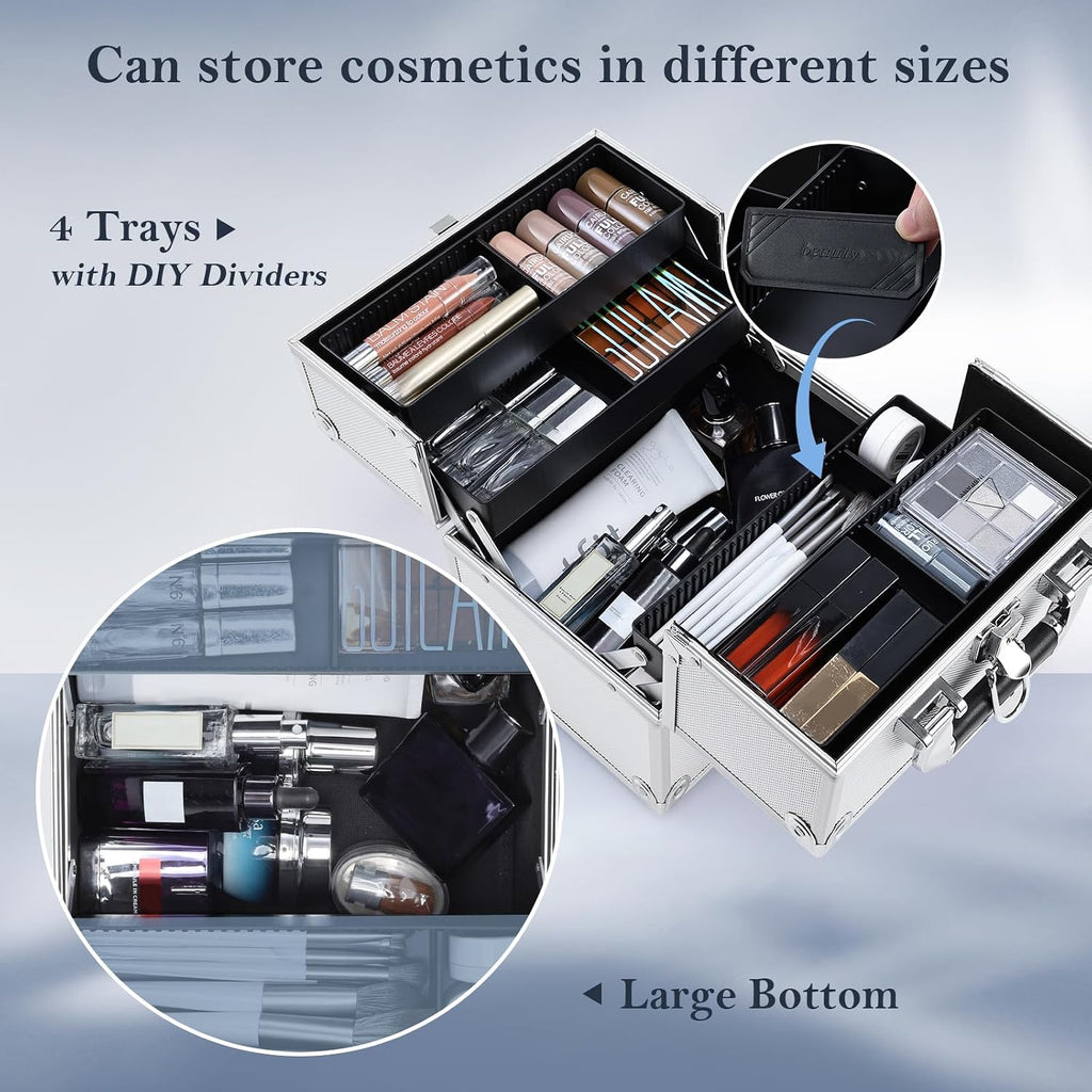 Makeup Train Case Makeup Organizer Box Portable Cosmetic Travel Case with Lock 4 Trays Aluminum Hard Vanity Box Make