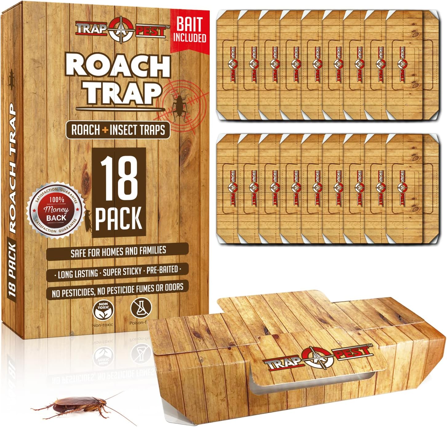 Sticky Indoor Roach Traps - Non-Toxic Glue Traps - 18 Pack | Heavy-Duty Glue Traps for Roaches, Waterbugs & Crawling