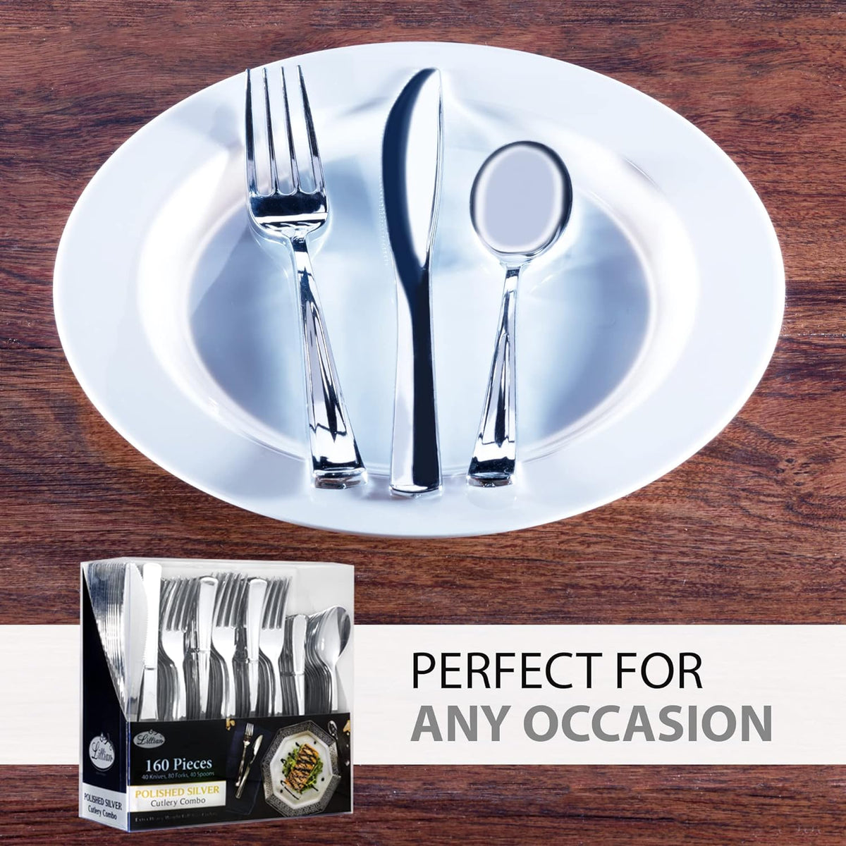 Plastic Cutlery Silverware Extra Heavyweight Disposable Flatware, Full Size Cutlery Combo, Polished Silver, 80 Forks