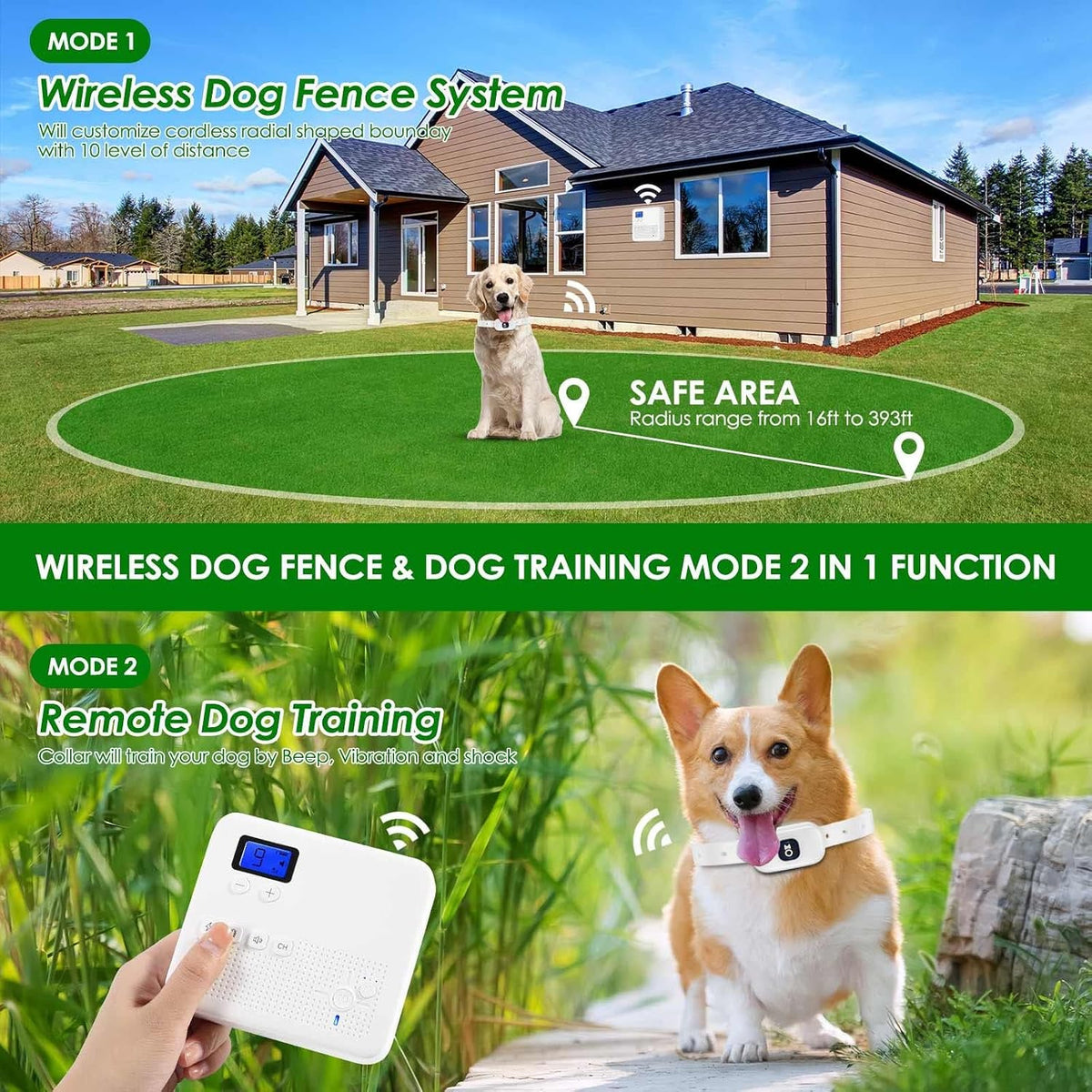 2 in 1 Wireless Dog Fence & Remote Training Collar, Pet Containment System