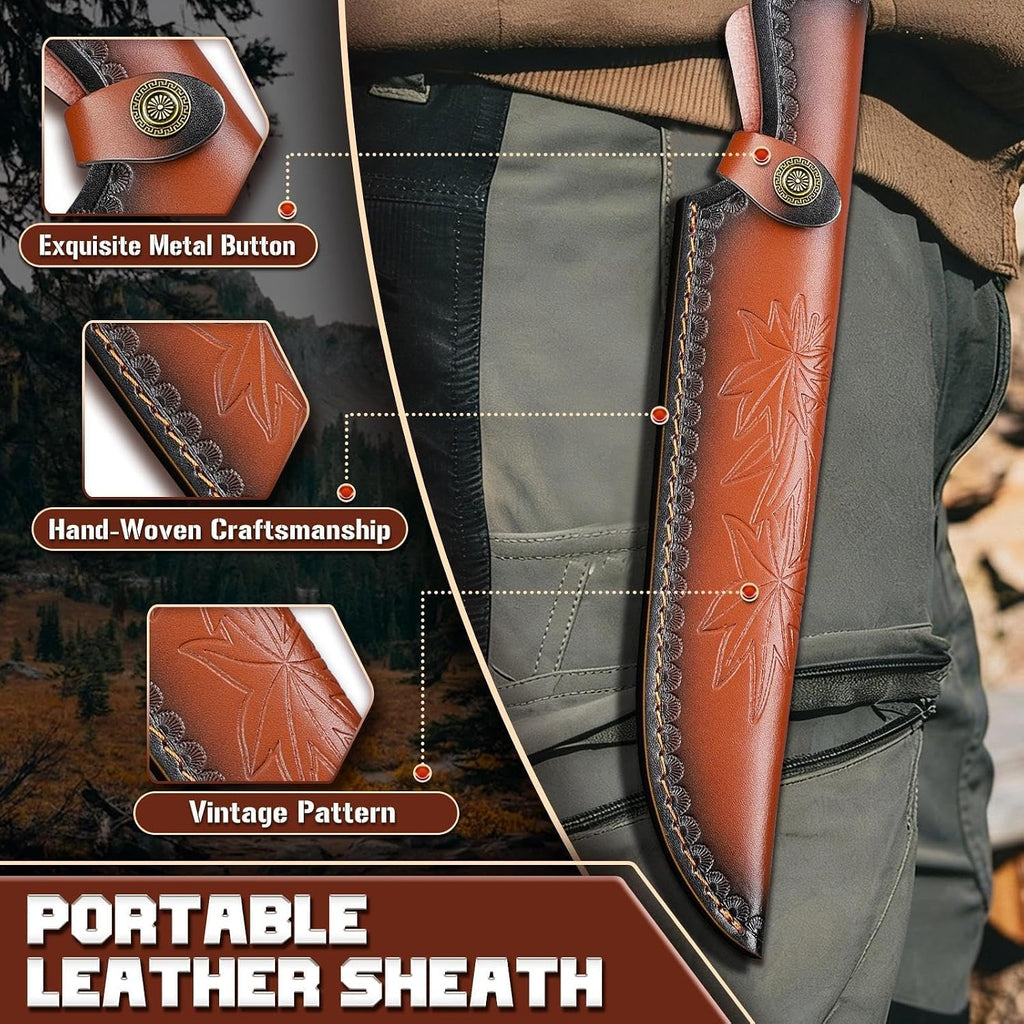 Hunting Knife with Leather Sheath, Full Tang Fixed Blade Knife | Survival Knife with Wood Handle for Outdoor