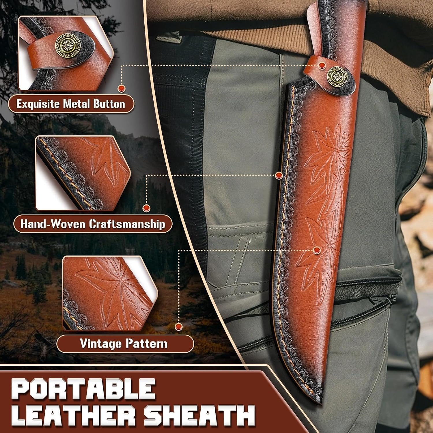 Hunting Knife with Leather Sheath, Full Tang Fixed Blade Knife | Survival Knife with Wood Handle for Outdoor