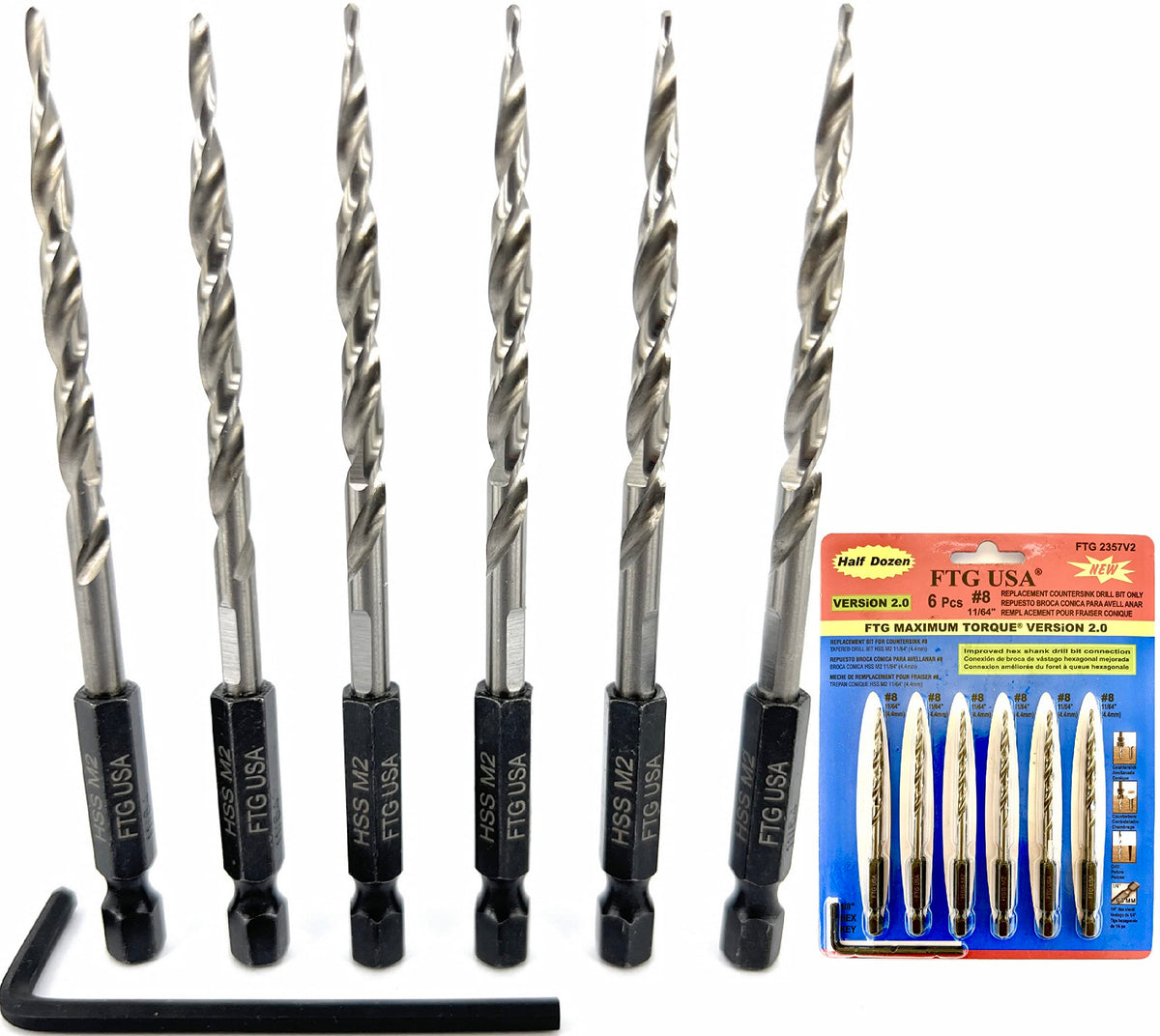 FTG USA 6Pc #8 (11/64") Replacement Countersink Drill Bit Set Tapered Bits