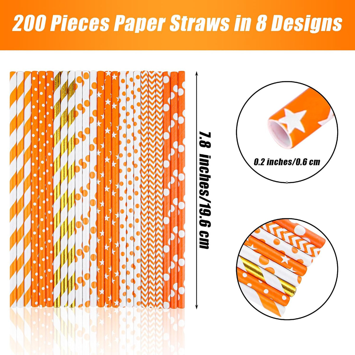 200 Pieces Thanksgiving Paper Straws Orange and Gold Assorted Paper Straws Biodegradable Drinking Straw Mix for Fall