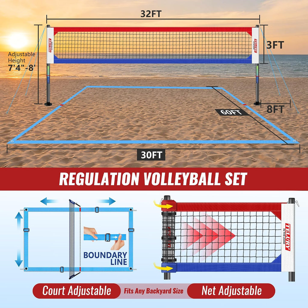 Heavy Duty Professional Volleyball Net Set Aluminum Poles, 32 ft Regulation Portable for Outdoor Backyard Beach
