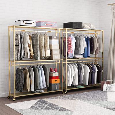 Gold Clothes Racks Free-Standing, Gold Clothing Rack with Shelves for Boutiques, Heavy Duty Garment Rack for Hanging