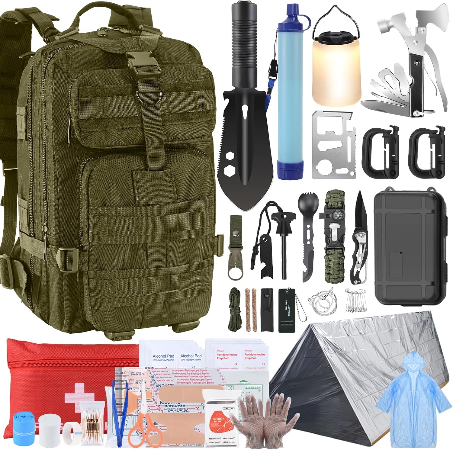 Survival Kit, Survival Gear and Equipment 258 PCS with Water Filter, Emergency Tent, LED Lantern, First Aid Kit