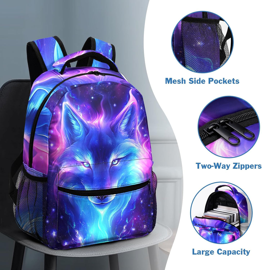 Wolf Galaxy Backpack for Boys Girls Cool Starry Sky Wolf Kids Bookbag Blue Purple Animal Print School Bag Lightweight