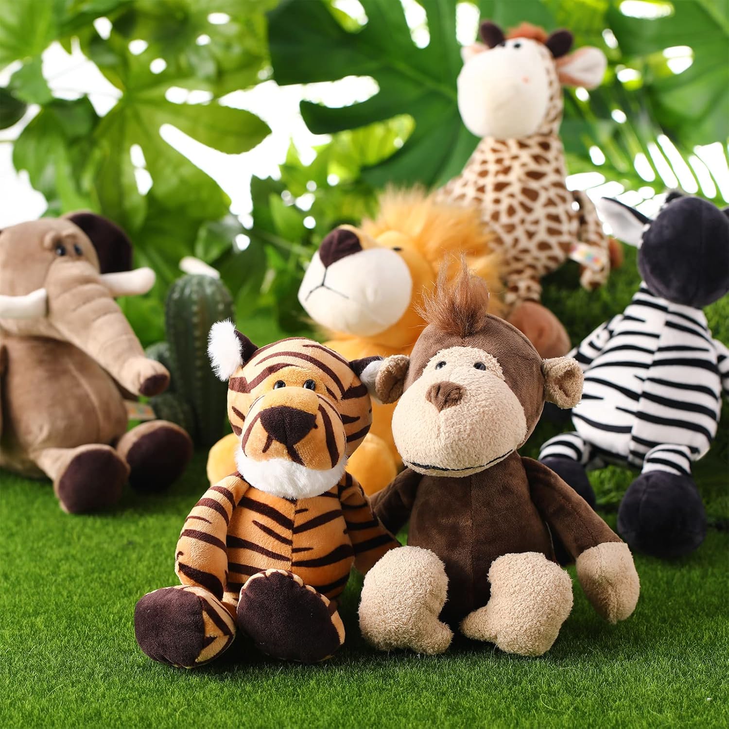 6 Pieces Safari Stuffed Animals Plush Jungle Animal Toys Set for VBS 2026 Decorations Lion Elephant Zebra Giraffe