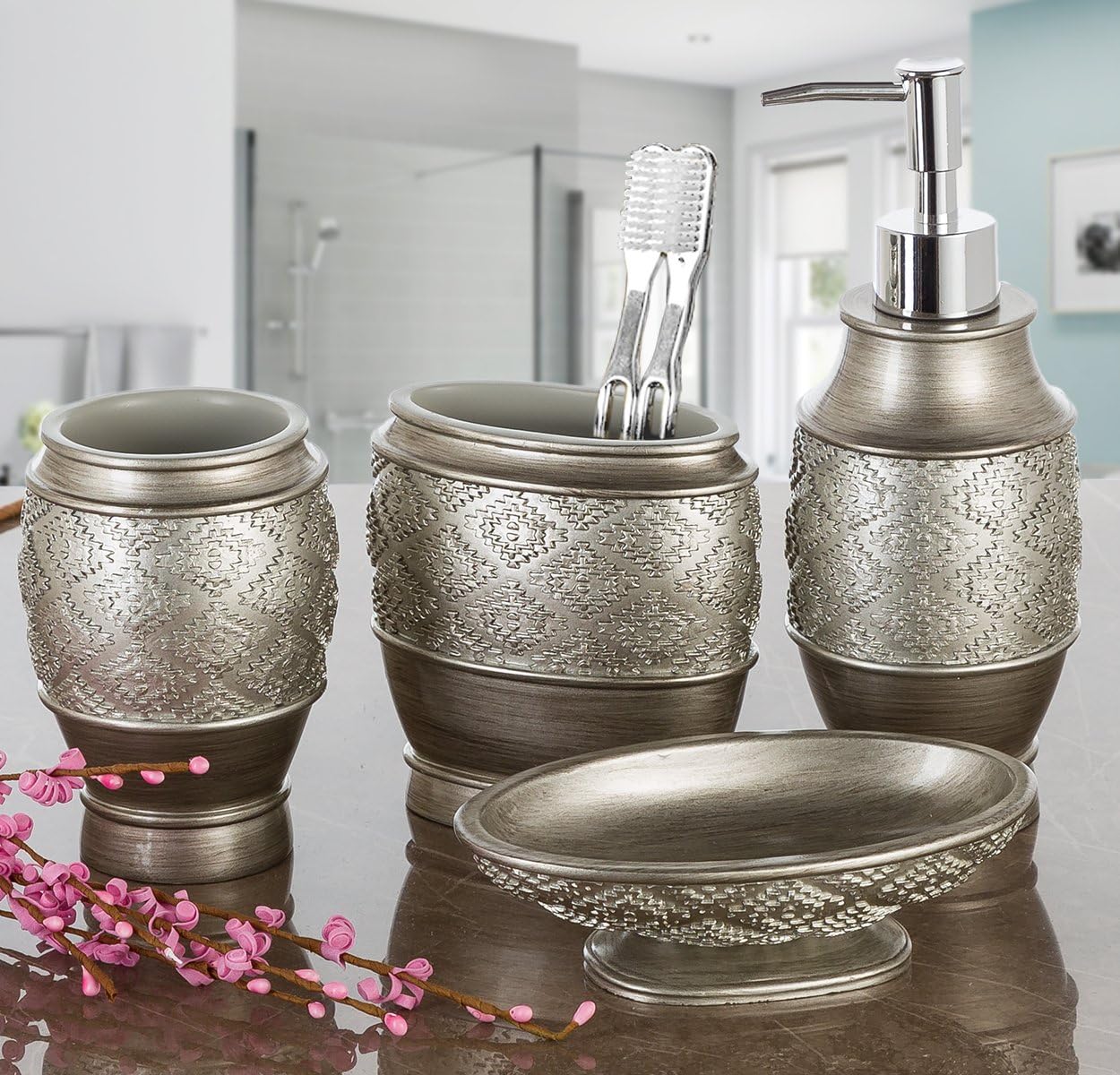 Dublin Silver 4 Piece Bathroom Accessory Set | Includes Soap Dispenser, Toothbrush Holder, Tumbler Cup & Soap Dish